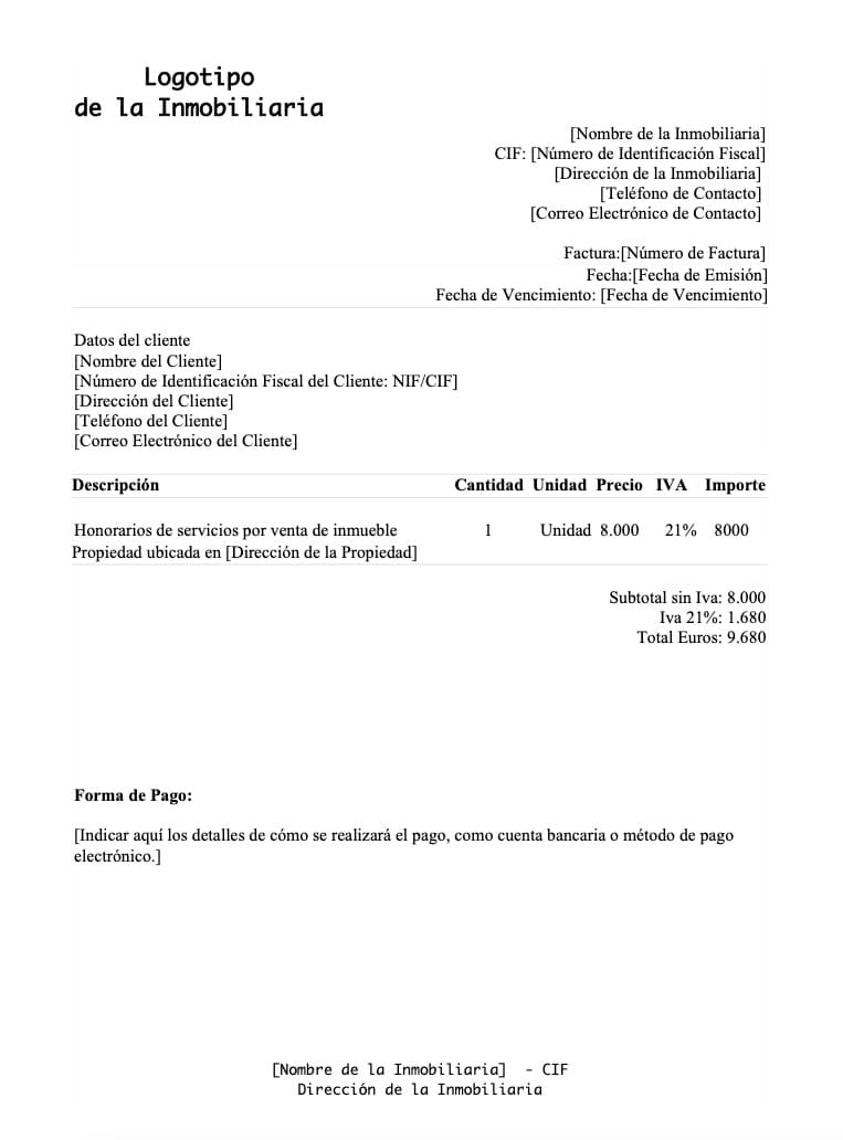 Modelo de factura por comisión inmobiliaria - Inmogesco
