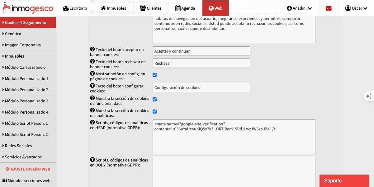 ¿Dónde debe insertar el código de seguimiento de conversiones en Inmogesco?