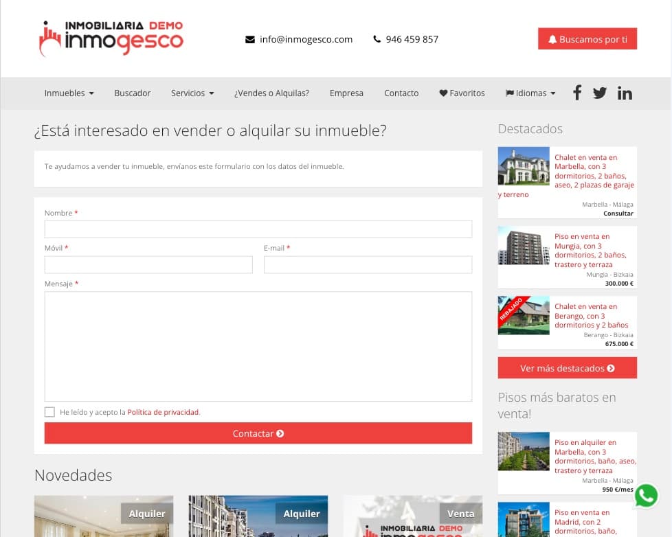 Landing page de interes en vender - Inmogesco