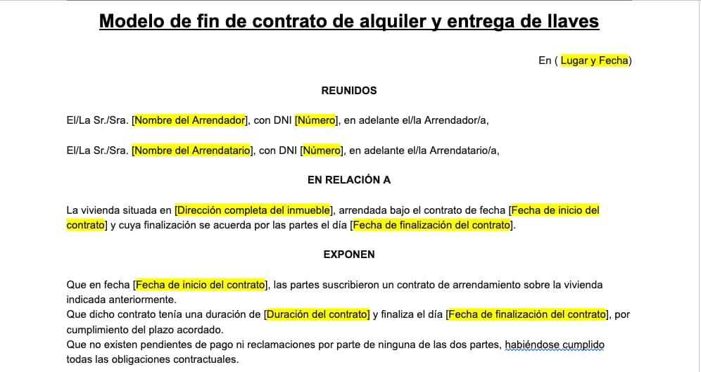 Documento entrega de llaves de un alquiler en [Word/PDF] - Inmogesco
